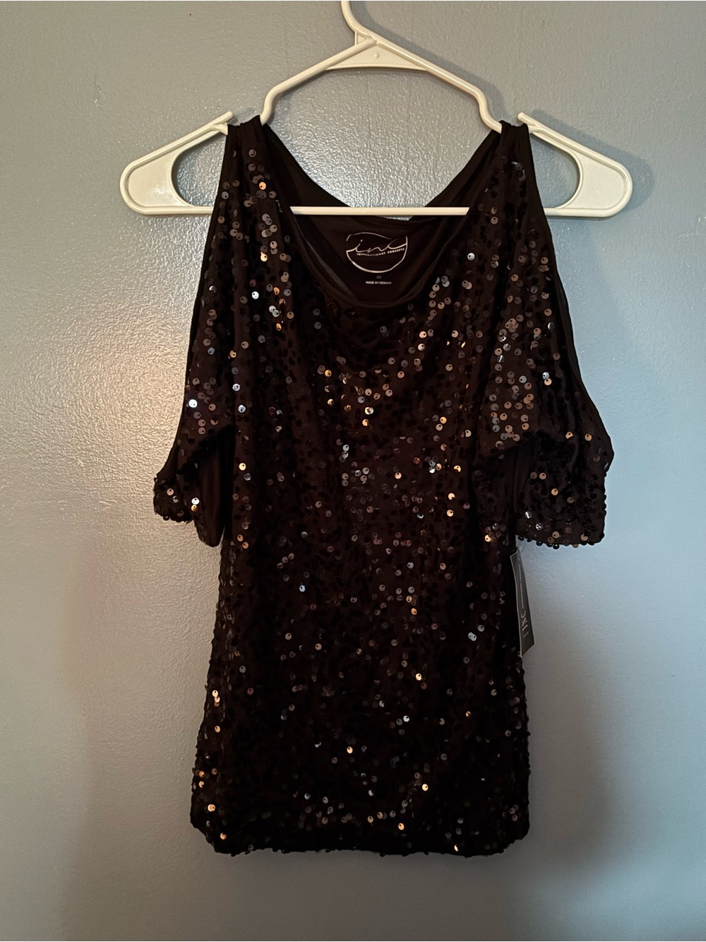 Black Sequin Cold-Shoulder Shirt